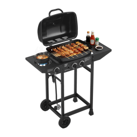 2 Burner BBQ Propane Gas Grill with Side Burner 24000 BTU Output Stainless Steel Barbecue Grill with Enameled Grates and Side Tables for Outdoor